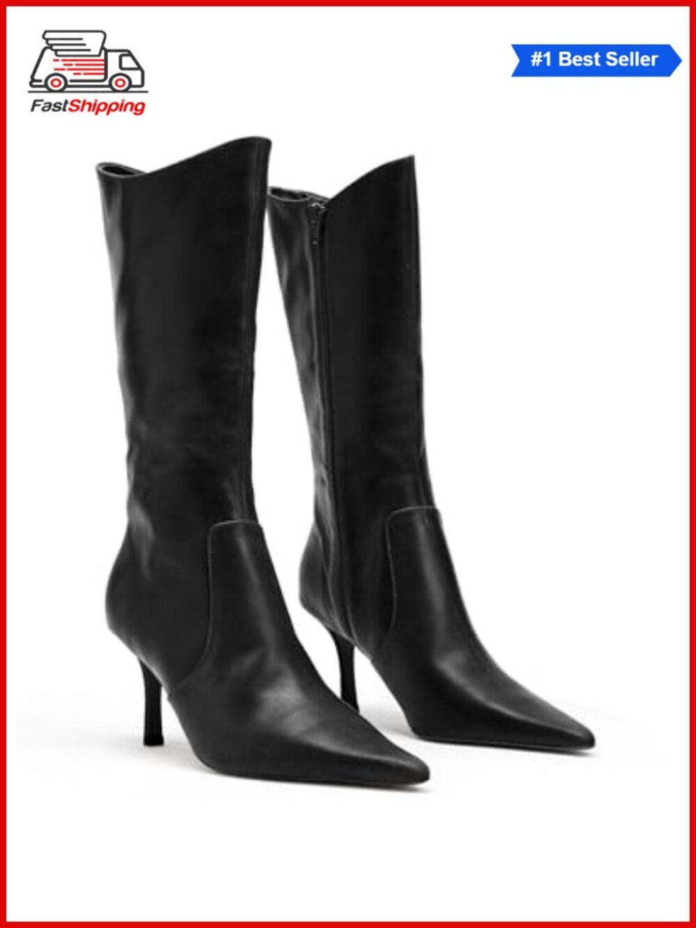 ✨ Mid Calf Boots Pointed Toe High Heel Side Zipper Faux Leather Dress Shoes